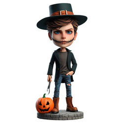 Halloween male zombie custom bobblehead doll with knife, pumpkin and engraved text