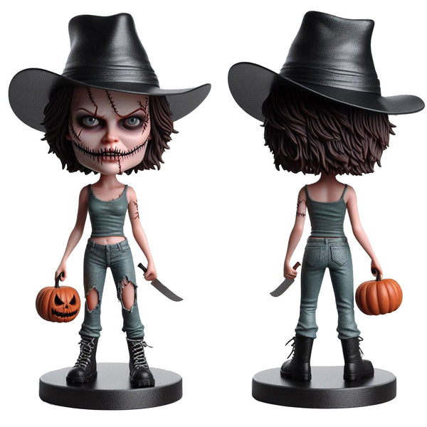 Halloween female zombie custom bobblehead doll with knife, pumpkin and engraved text