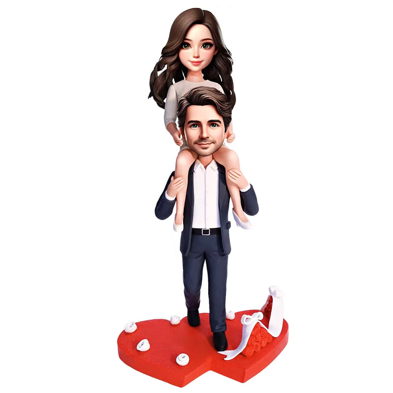 Warm family husband carrying his wife on his back couple custom bobblehead doll (3）