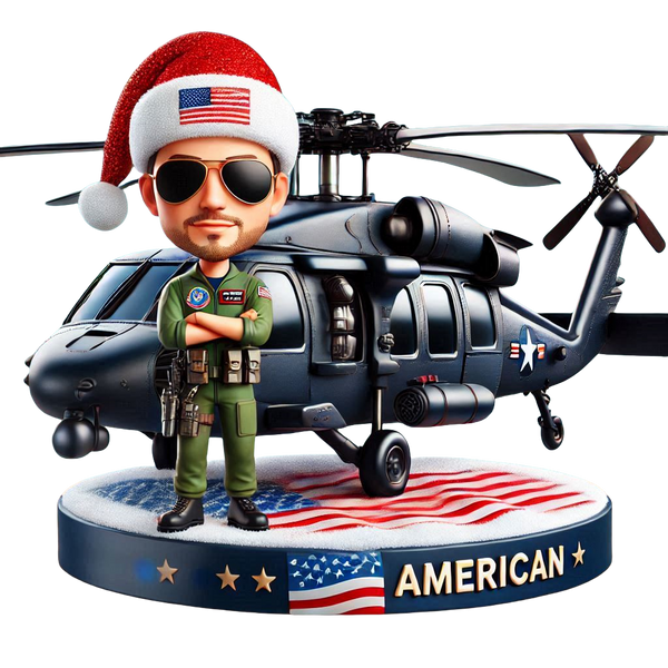 Custom bobblehead doll of pilot carrying Black Hawk model airplane, engraved with words（man）