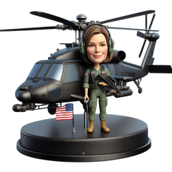 Custom bobblehead doll of pilot carrying Black Hawk model airplane, engraved with words（women）