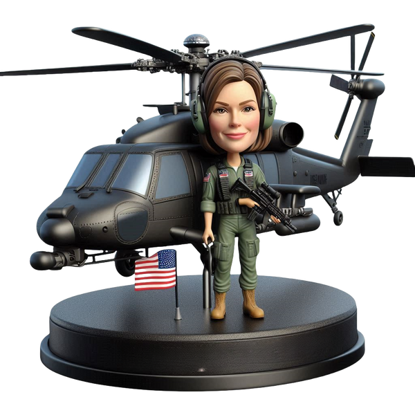 Custom bobblehead doll of pilot carrying Black Hawk model airplane, engraved with words（women）