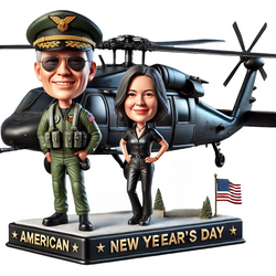 Custom bobblehead doll of pilot carrying Black Hawk model airplane, engraved with words（couple）